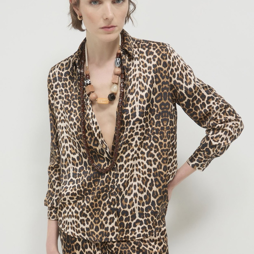 Calliope Leopard Print Satin Button Down Blouse Size XL Animal Print